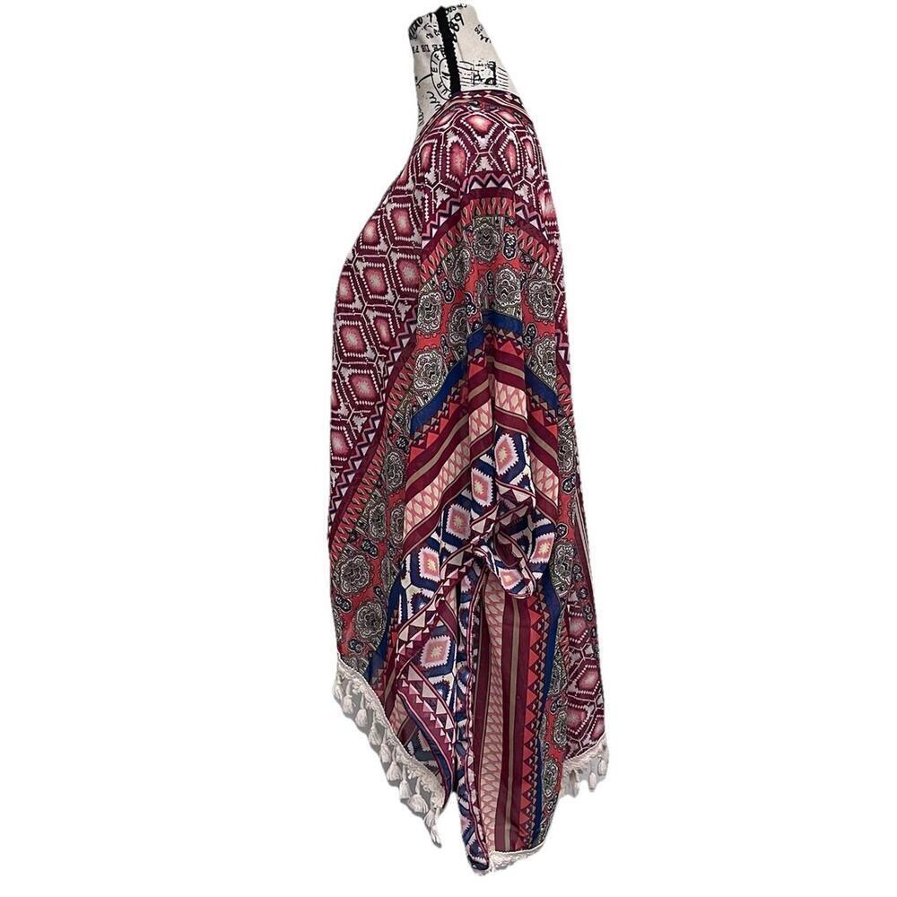Boho Aztec Tribal Print Kimono Tassel Fringe Sheer Duster Festival Bohemian O/S - Picture 4 of 8